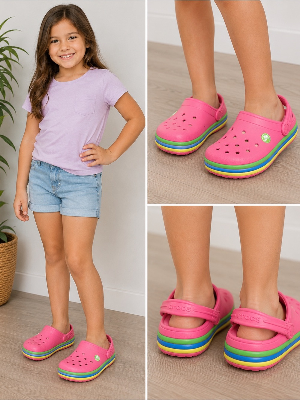Crocs Kids Pink Rainbow Stripe Classic Clogs – Size C12
